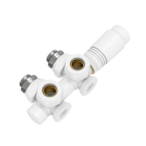 EMKE Multiblock Heizkörper Mittelanschluss Hahnblock Heizkörper Ventil Eck- und Durchgangsform 50mm Heizkörperventil mit thermostat für Badheizkörper Weiß (15mm+16mm * G1/2 1 Stück)