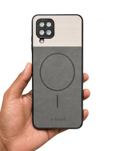 Image of Bintage Dual-Leather Mac Safe Design Phone Case| Soft Touch Finish | Full Camera Protectection Back Cover Compatible for Samsung A12 /Galaxy F12 / M12 - White & Matelic Grey