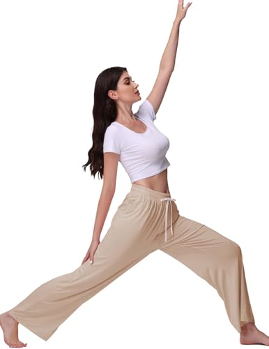 Image of Veseacky Women's Wide Leg Lounge Pants Yoga Pajamas Comfy Stretch Drawstring Pajamas Puls Size Dance Bottoms S-4XL