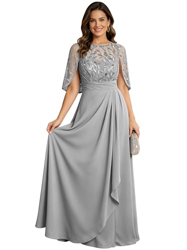 Ruffles Lace Appliques Mother of the Bride Dress Chiffon Boat Neck Mother of the Groom Dresses for Women ZZX159 Silver US12
