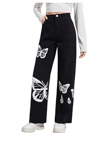 SweatyRocks Girl's High Waisted Solid Straight Leg Jeans Casual Loose Denim Pants