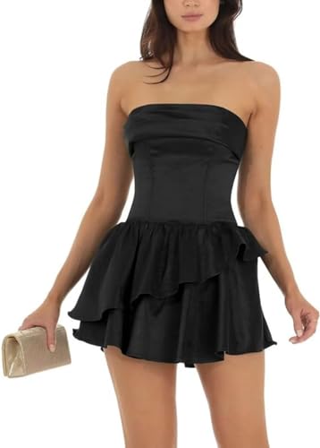 Women's Strapless Short Prom Dress Tiered Homecoming Dress Bodycon Cocktail Party Dress