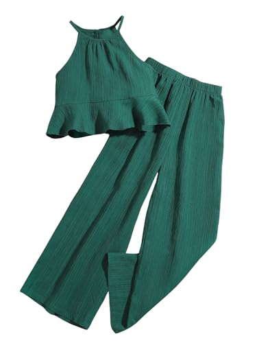 Image of SweatyRocks Girl's 2 Piece Outfits Ruffle Halter Sleeveless Top and Elastic High Waisted Pants Set