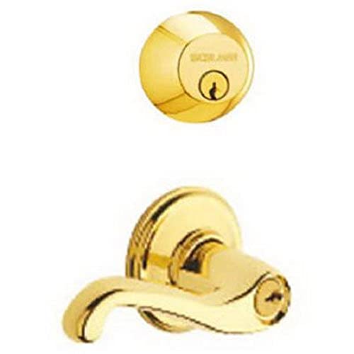 Schlage FB50N V FLA 505 B60 Single Cylinder Deadbolt and F51 Keyed Entry Flair Lever Keyed Alike, Bright Brass Finish