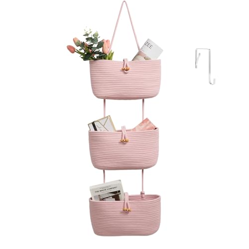 Image of TeoKJ Over the Door Hanging Baskets with Button Strap, 3-Tier Woven Cotton Storage Organizer Bag, Wall-Mounted with Hook Decorative Hanging Nursery Baskets - Pink