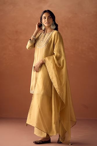 Image of FIORRA Women Mustard Yellow Tissue Blend Hand Embroidered Kurta Set with Dupatta