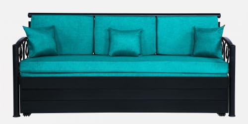 Image of 3 Seater Metal Sofa Cum Bed with Hydraulic Storage | Sofa Set for Living Room, Bedroom, Guest Room| Single Size Convertible Sofa Bed | Comfortable Seating Sofa Seablue & Black