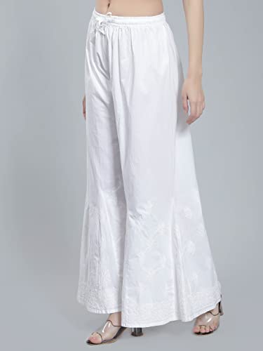 Image of Seva Chikan Hand Embroidered Lucknowi Chikankari Regular Straight White Trouser Palazzo for Women SCL11025