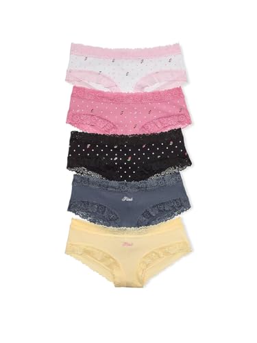 Victoria's Secret PINK Women's Lace Cheeky Underwear, Panties for Women, Cherry Heritage Pack, (L)