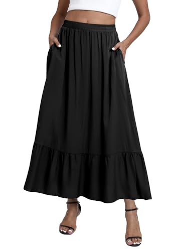 Jupe maxi longue plissée bohème à taille élastique EXCHIC pour femmes avec poches