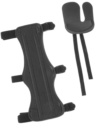 JUKOTA Guardabrazos de Tiro con Arco Protector de Antebrazo de Cuero con Lengüeta de Dedo Accesorio para Tiro con Arco, para Adultos Adolescentes, Negro
