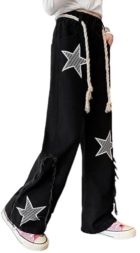 Girls Kids Cute Patterns Jeans Denim Heart Shape Pants Elastic Waist Wide Leg Stars Denim Pants Age 5-14 Years