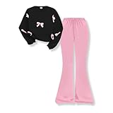 Voxikidio Girls Clothes Size 9-10 Long Sleeve Butterfly Sweatshirt & Flared Pants 2Pcs Clothing Set Fall Winter Outfits Black (9-10Years)