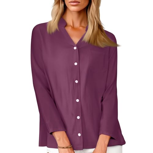 Autumn Cardigan Linen Shirts for Women Long Sleeve Buttons V Neck Boho Tops Solid Color Casual Blouses3