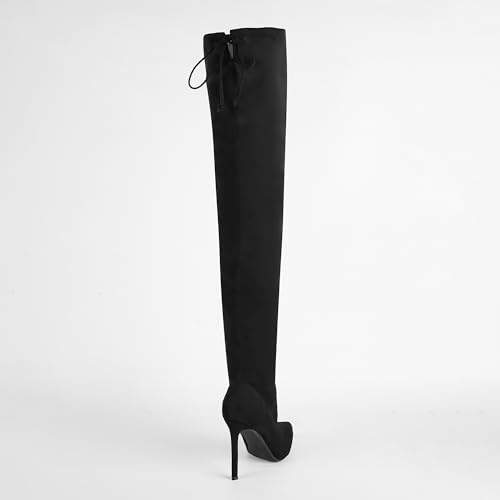 Women's Thigh High Block Stiletto Heel Over The Knee Boots, Faux Suede Elasticity, Long Black Boots, Round Toe&Pointed Toe, Side Zip Sexy Boots for Winter Fall3