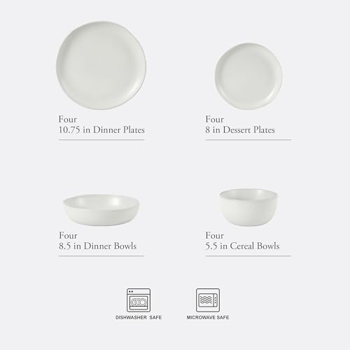 Image of Gibson Elite Menlo Park 16-Piece Pottery Clay Stoneware Dinnerware Set - White Reactive Glaze, Embossed Plates and Bowls W /Pasta Bowl, Service for 4 - Microwave & Dishwasher Safe