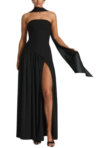 ORANDESIGNE Sommerkleid Damen Lang Sommer Kleid Hochzeitsgast Maxikleider Sommerkleider Ärmellos Fließende Korsett Kleid mit Halstuch A Schwarz XL