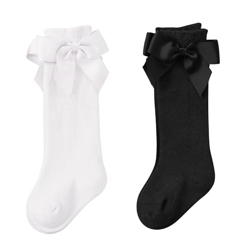Image of Zando 2 Pairs Baby Knee High Socks with Bow, Toddler Stockings Girls Long Socks for Infant Newborn Toddlers 0-4T