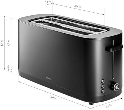 ZWILLING Enfinigy 2 Long Slot, 4-Slice Toaster with Extra Wide 1.5" Slots for Bagels, 7 Toast Settings, Uniform Toast, Reheat, Cancel, Defrost, Black