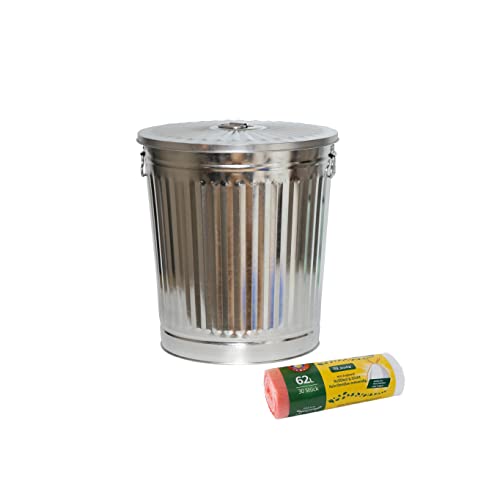 Jinfa Lot de 1 poubelle en métal galvanisé avec poignées et couvercle + 30 sacs poubelle | Zinc | 62L