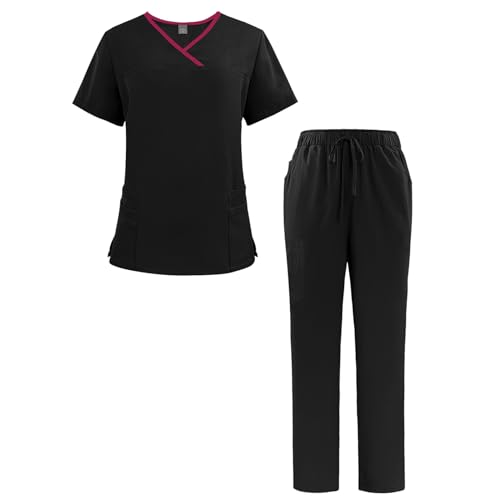 ThreeH Set da Lavoro Unisex con Scollo a V Maglia a Maniche Corte ad Asciugatura Rapida e Pantaloni con Elastico in Vita Uniforme Elasticizzata con Tasche Multiple