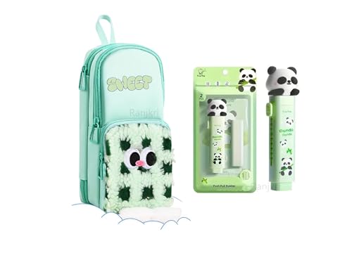 Image of Cute Green Pencil Pouch with Push-Pull Eraser Set for Kids | Soft Plush Cartoon Stationery Combo | School Supplies for Boys & Girls | Multi-Pocket Zipper Case + Eraser | Gift Pack