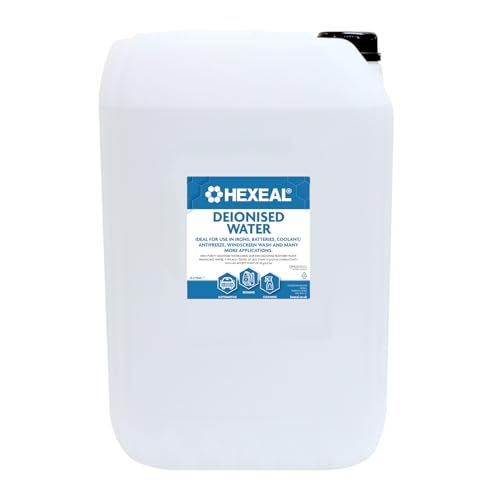 Hexeal Deionised Water 25L 25L of Deionised Water for Steam Irons Car Batteries Windscreen Fluid & Antifreeze Demineralised Water Reduces Limescale Deposits & Water Stains For Lab Use