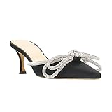 Lnsshee Women's Closed Pointed Toe Pumps Glitter Rhinestone Backless Heels Bowknot Low Kitten Heeled Sandals Wedding Summer Dress Shoes