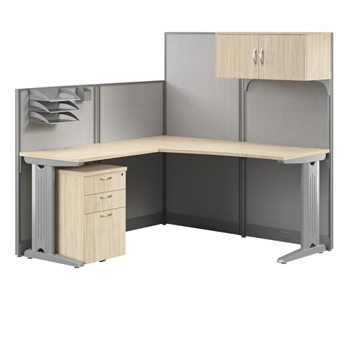Bush Business Furniture 65-inch L Shaped Cubicle Desk with Storage, Drawers, and Organizers, Single Workstation, Office in an Hour Collection, Natural Elm