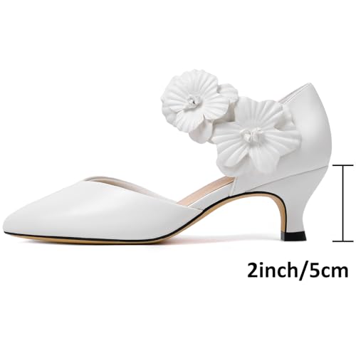 RIBONGZ Women's Low Kitten Heel Pumps Comfortable Pointed Toe Dress Shoes Flower Strap Slip On Dressy Heels for Wedding Dancing Party Office Work2