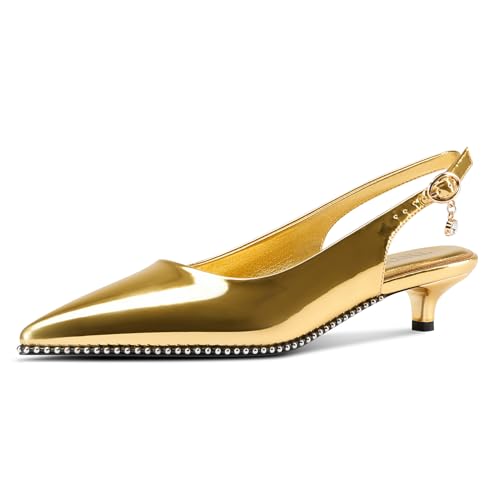 Image of TNYNFBEB Womens Low Kitten Heel Close Pointed Toe Pumps Slingback Silver Beaded Buckle Prom Party Dress Patent Leather 1.4 Inches Heels