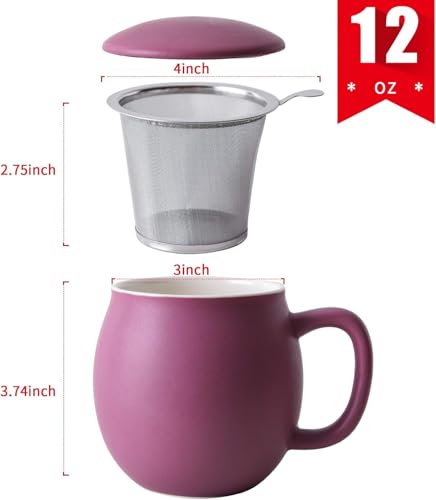 Image of Yundu 12 OZ Matte Purple Ceramics Teacup with Infuser and Lid, Mug with Lid for Steeping - Stainless Steel Infuser for Loose Leaf Tea, Home Office Gift for Tea Lovers