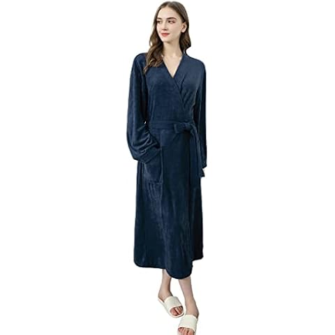 YYNUDA Women's Terry Bathrobe Long Soft Dressing Gown Ladies Lightweight Towel Bath Robe Unisex Navy L Cover