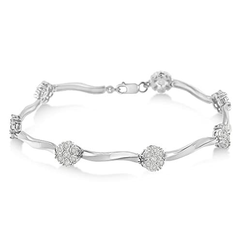 Original Classics .925 Sterling Silver 1.0 Cttw Miracle-Set Diamond 7 Stone Floral Cluster Link Bracelet (I-J Color, I3 Clarity) -7" #TOP3