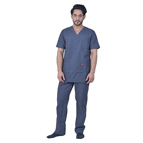 Image of UNISEX V-NECK POLYESTER COTTON MEDICAL SCRUB SUIT FOR DOCTORS (TOP AND BOTTOM) TRIPLE NEEDLE STITCH TOP WITH CHEST POCKET, DARK GREY, 40-L.