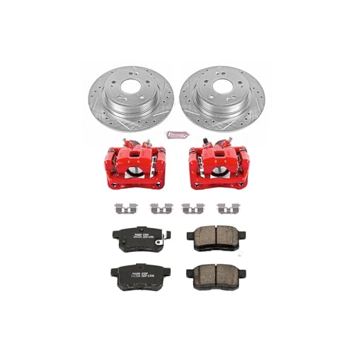 Image of PowerStop Rear Brake & Caliper Kit for Acura TSX 2009-10 | Honda Accord 2008-10 - Carbon-Fiber Ceramic Brake Pads + Drilled & Slotted Rotors + Red Powder Coated Calipers, KC3127