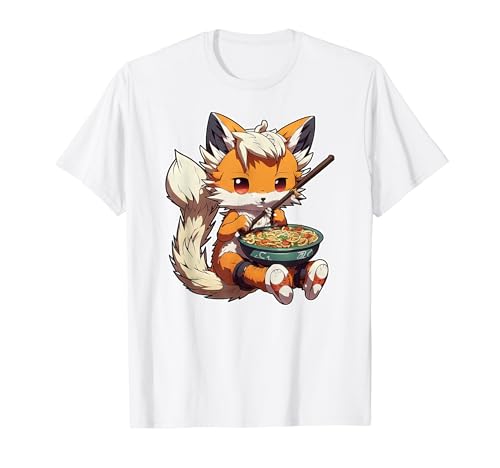 Kawaii Fox Eating Ramen Fideos Anime Neko Girls Regalo Camiseta