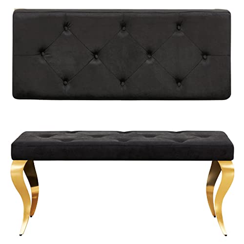 Azhome Black Velvet Bench, Button Tufted Upholstered Dining Bench With Curved Gold Mirror Stainless Steel Legs #TOP1