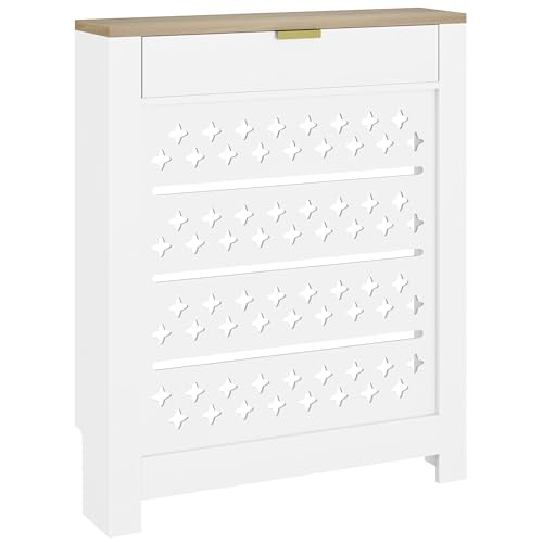 HOMCOM Couvercle de radiateur avec placard rabattable, cache radiateur à motif croisé avec étagère supérieure, pour salon, chambre à coucher, couloir, 78 x 19 x 95,5 cm, blanc