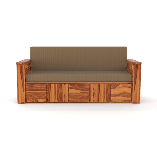Image of Kunjal Furniture Solid Sheesham Wood Sofa Cum Bed with Storage for Living Room | Natural Finish | 3-Seater Convertible Sofa Bed | Handmade Wooden Furniture