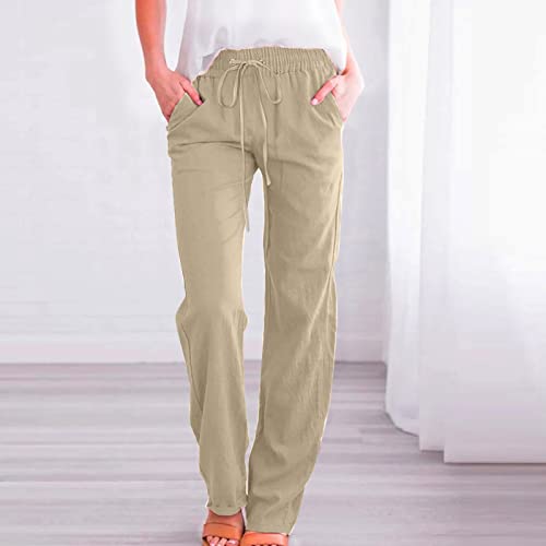Cotton Linen Pants Women,Casual High Waist Drawstring Lounge Pants Loose Fit Pull on Straight Leg Pant with Pockets2