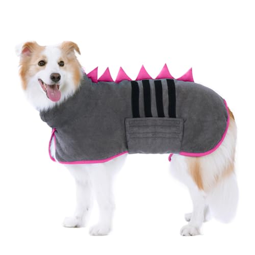HezzLuv HundeBademantel Mikrofaser Schnell Trocknend, Einstellbar Hundehandtuch Extra Saugfähig für Mittel & Große Hunde, Einfach Anzuziehen Bademantel für Hunde (Grau-Rose, XL)