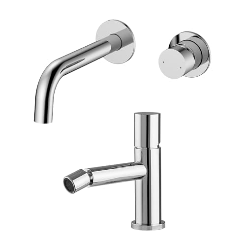 Set Miscelatori Lavabo A Muro E Bidet Cromo In Acciaio Inox, Manopola Rotante E Indicatori Per L’Acqua, Gemini
