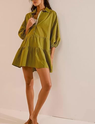 Zontroldy Women's Oversized Casual Collared Babydoll Mini Dresses Puff Sleeve A-line Tiered Shirt Tunic Dress3