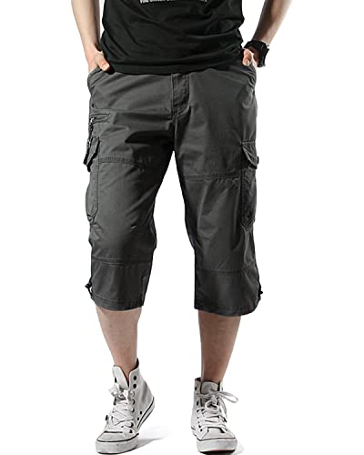 Misfuso Short Bermuda Homme Cargo, Taille Élastique, Pantalon Casual en Coton avec Ceinture Gris foncé M