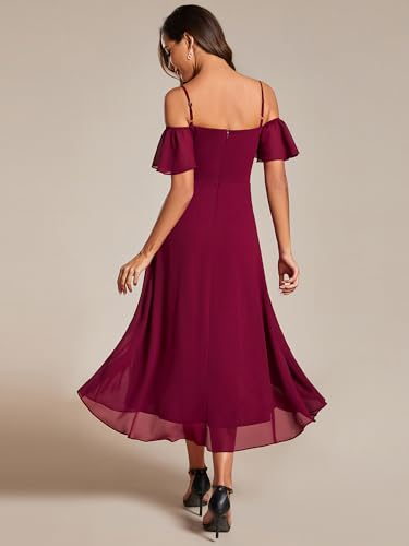 Image of Ever-Pretty Women's Summer Cold Shoulder Hi-Lo Asymmetrical Hem Flowy Chiffon Short Wedding Guest Dress 02103