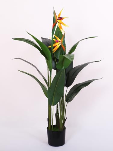 Image of ARICK DECOR Artificial Bird of Paradise Plant 4Ft Tall with Flowers - Fake Tropical Palm Tree with 2 Faux Orange Yellow Crane Flowers & Silk Banana Leaves, Large in Black Pot