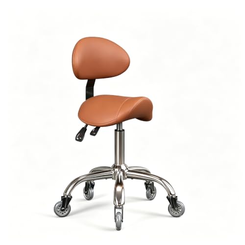Image of Saddle Stool with Back Support, 350LBS Ergonomic Rolling Chair, Brown | 350 LBS Load, Height Adjustable, 360 Swivel Casters, Ergonomic Backrest, Multi-Use for Salon, Tattoo, Spa, Dentist