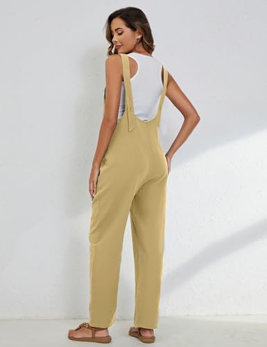 Image of Yeokou Womens Overalls Linen Cotton Jumpsuits Loose Casual Jumpers with Pockets