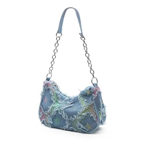 Bolso bandolera acolchado de mezclilla para mujer YAMEIZE con estampado de estrella, tipo clutch o hobo, bolso tote pequeño con cierre de cremallera miniatura 1